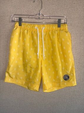 Original Penguin Yellow Swim Trunks Sz S Drawstring Logo Print Beach Quick Dry